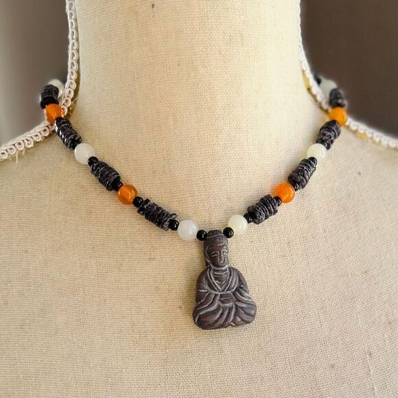 Buddha Beaded Black Puka Bead Orange White Unisex Choker Necklace - Picture 3 of 5
